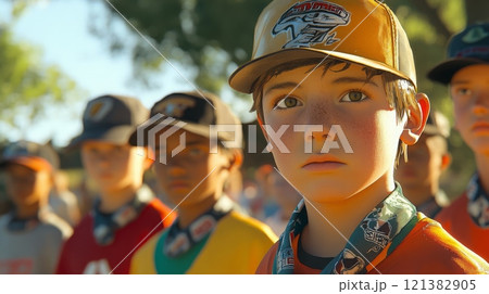 A group of young campers, wearing colorful shirts and caps, attentively watches a coach during a summer baseball training session in a park. 121382905