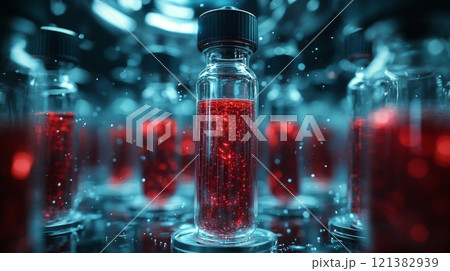 A series of glass vials filled with a glowing red substance are illuminated against a dark, high-tech lab setting, creating an otherworldly atmosphere. 121382939