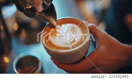 A barista expertly creates a latte with intricate heart-shaped art at a busy cafe in the morning. 121382943