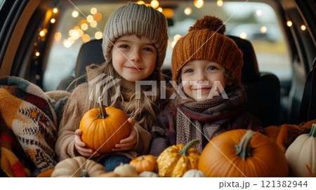 Two young girls sit together in the back of a car, smiling while holding small pumpkins. The cozy atmosphere is enhanced by warm lights and colorful blankets, embodying the spirit of autumn. 121382944