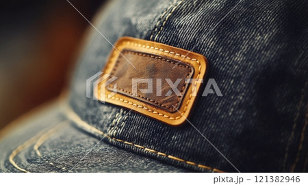 A denim cap featuring a brown leather patch is highlighted against a blurred background in natural light. 121382946