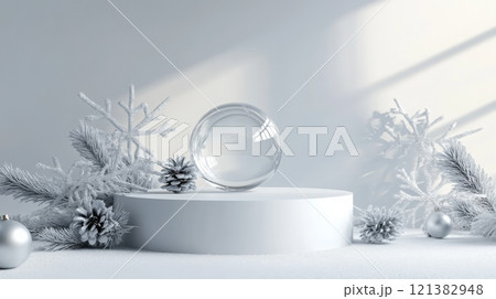 A transparent glass sphere is placed on a round white pedestal amid white pine branches, pinecones, and ornaments, creating a serene winter atmosphere illuminated by soft natural light. 121382948