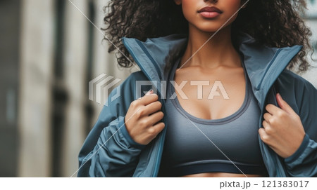 A young woman showcases her stylish activewear, standing on a city street. She exudes confidence while adjusting her jacket, emphasizing her fit silhouette against a blurred urban backdrop. A young woman showcases her stylish activewear, standing on a city street. She exudes confidence while adjusting her jacket, emphasizing her fit silhouette against a blurred urban backdrop. 121383017
