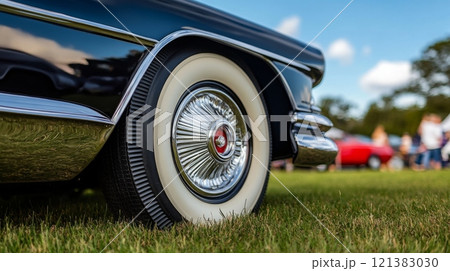 A vintage automobile showcases its elegant whitewall tires on a grassy field during an outdoor summer auto show, with spectators admiring nearby classic cars under a clear blue sky. 121383030