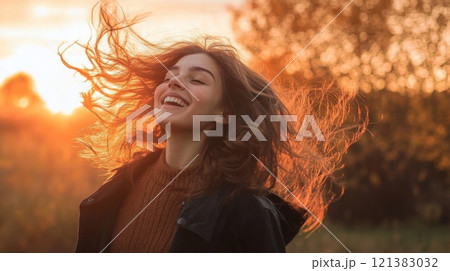 A young woman with long, flowing hair smiles brightly as she experiences the warmth of a sunset. The golden light enhances her joyful expression and the colors of autumn surrounding her. 121383032