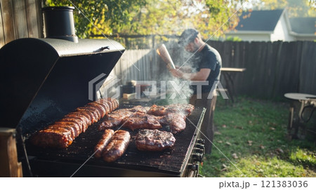 A man grills various meats outdoors, surrounded by trees, with smoke rising in the crisp autumn air. 121383036