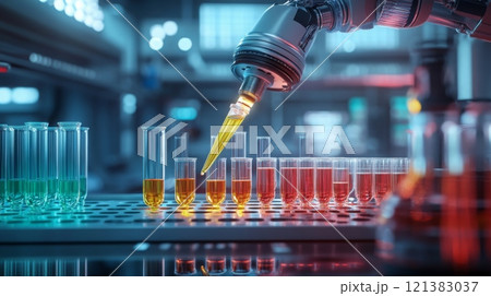 A robotic arm accurately dispenses liquids into colorful test tubes, highlighting automation in a high-tech lab dedicated to scientific research and chemical experiments. 121383037