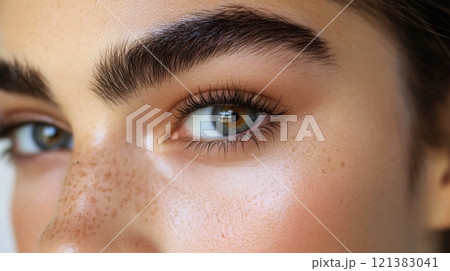 A young woman gazes into the camera, highlighting her striking green eye, strong eyebrows, and natural freckles. The soft lighting enhances the details of her features, capturing her beauty. 121383041