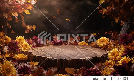 In a tranquil forest setting, a wooden platform is encircled by colorful autumn leaves and vibrant flowers, creating a peaceful and picturesque scene full of natural beauty and seasonal charm. 121383042
