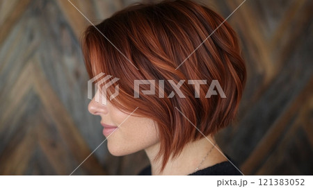A woman showcases her elegant red bob haircut, highlighting its smooth texture in profile, set against a warm wooden backdrop. A woman showcases her elegant red bob haircut, highlighting its smooth texture in profile, set against a warm wooden backdrop. 121383052
