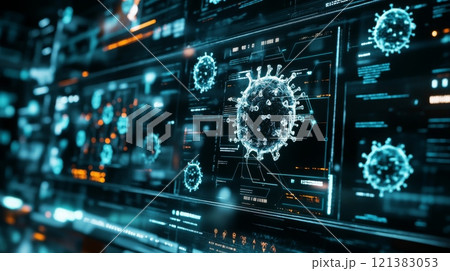 A high-tech interface displays multiple viral structures alongside data readouts, symbolizing advanced research into infectious agents in a modern laboratory setting. 121383053