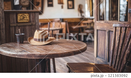 A cowboy hat sits atop a weathered wooden table in a cozy diner, with rustic chairs and warm lighting creating a nostalgic atmosphere. 121383092