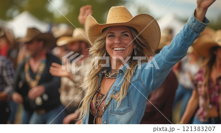 A lively country festival features a joyful woman in a cowboy hat, waving to the crowd amidst festive festivities. 121383207