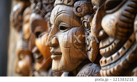 Artisans showcase beautifully carved wooden masks, highlighting intricate designs and expressions, at a local craft fair. Artisans showcase beautifully carved wooden masks, highlighting intricate designs and expressions, at a local craft fair. 121383218