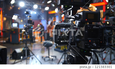 A camera in a television studio is focused on a blurred performance in the background. 121383301