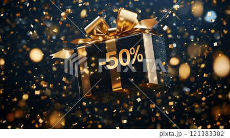 A decorative gift box showing a 50 percent discount tag floats surrounded by shimmering golden confetti, creating a celebratory atmosphere. The festive backdrop enhances the sense of occasion. 121383302