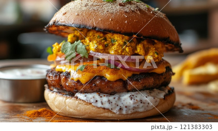 A mouthwatering spicy chicken burger layered with cheese, onions, and herbs, served with dipping sauce. 121383303