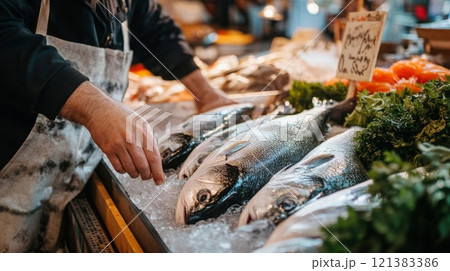 A skilled fishmonger inspects fresh fish on ice at a bustling market, surrounded by various seafood and vibrant produce. 121383386