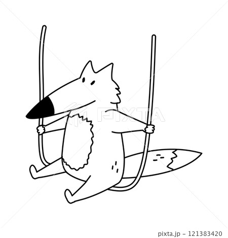 A fun coloring page with a cute fox swinging on a rope. Black and white forest animal. 121383420