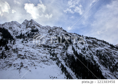 Snow-Covered Mountain with Pine Trees and Dramatic Bright Cumulus Clouds, Kalam, Pakistan 121383458