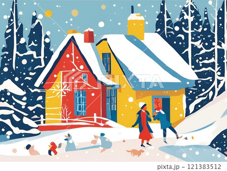 雪の降る冬の街並みで遊ぶ子供たちのイラスト 121383512