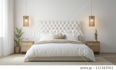 A white bedroom with a large, white bed with a tufted headboard. Two hanging lights with woven shades are positioned above the nightstands on either side of the bed 121383563