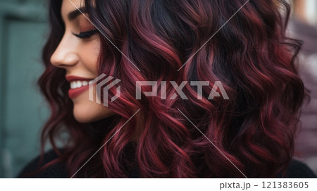 The woman turns slightly to the side, displaying her colorful curly hair. Rich shades of red and purple blend beautifully, catching the light as she enjoys a moment outdoors in an urban environment. 121383605