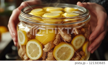 A person carefully holds a large jar filled with fresh lemon and ginger slices, creating a fragrant infusion. The kitchen background emphasizes a warm and inviting atmosphere. A person carefully holds a large jar filled with fresh lemon and ginger slices, creating a fragrant infusion. The kitchen background emphasizes a warm and inviting atmosphere. 121383685