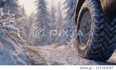 The winter tire rolls along a snow-covered path surrounded by frost-covered trees, glistening in the soft morning sunlight, highlighting the rugged tread designed for winter conditions. 121383697