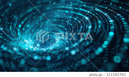 A swirling vortex of blue light with binary code in the background. The center of the vortex is bright and luminous. 121383763