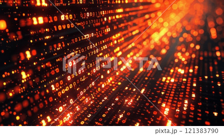 A digital stream of binary code flows down a black surface, glowing red and orange. The code is arranged in lines and columns, creating a sense of depth and movement. 121383790