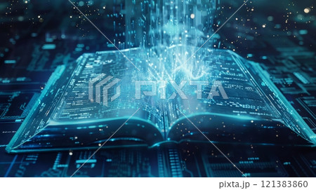 An open book with glowing lights emanating from its pages, creating a captivating glow on the surface. 121383860