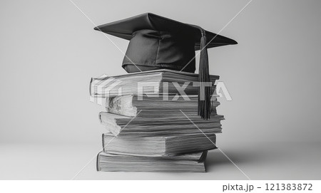 A black graduation cap rests on top of several stacked books, symbolizing knowledge and academic success. A black graduation cap rests on top of several stacked books, symbolizing knowledge and academic success. 121383872