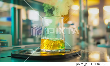 A glass beaker filled with yellow liquid sits on a black circular hot plate. The liquid is bubbling, and green smoke is rising from the beaker 121383928