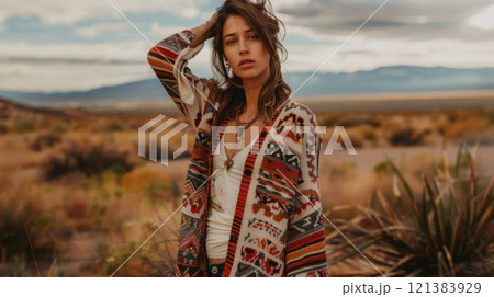 A woman stands confidently in a vibrant sweater against a backdrop of desert flora and distant mountains. 121383929