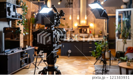 A camera on a tripod in a modern living room captures footage of an out-of-focus kitchen, ready to shoot. Lights and equipment illuminate the scene 121383931