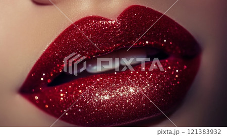 Sparkling red lips are showcased with a dazzling gloss that reflects light. The close-up highlights the luscious texture and shine, emphasizing beauty and elegance. 121383932