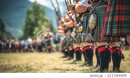 Participants in kilts stand in formation at a Scottish games event, showcasing their attire and tradition in a lively outdoor atmosphere. Participants in kilts stand in formation at a Scottish games event, showcasing their attire and tradition in a lively outdoor atmosphere. 121384094