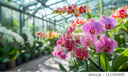 Vibrant orchids display a range of colors in a well-lit greenhouse filled with various flowering plants. 121384095