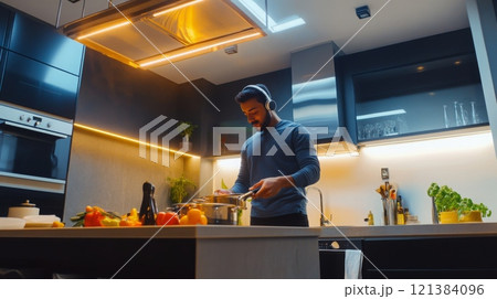 In a stylish modern kitchen, a man prepares a meal with fresh vegetables while listening to music through headphones. The warm lighting creates a welcoming evening atmosphere as he enjoys cooking. In a stylish modern kitchen, a man prepares a meal with fresh vegetables while listening to music through headphones. The warm lighting creates a welcoming evening atmosphere as he enjoys cooking. 121384096