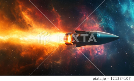A rocket is ascending through space, surrounded by a colorful nebula. Vibrant flames propel it forward, creating a stunning display of orange and yellow against the cosmic backdrop. 121384107