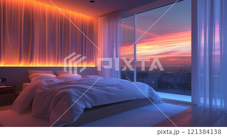 A serene bedroom basking in the twilight hues of sunset, featuring a view of the ocean through floor-to-ceiling windows. 121384138