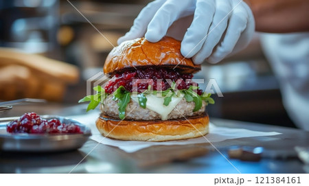 A chef assembles a gourmet burger featuring a juicy patty, fresh arugula, creamy cheese, and a generous cranberry topping in a warm kitchen setting. A chef assembles a gourmet burger featuring a juicy patty, fresh arugula, creamy cheese, and a generous cranberry topping in a warm kitchen setting. 121384161