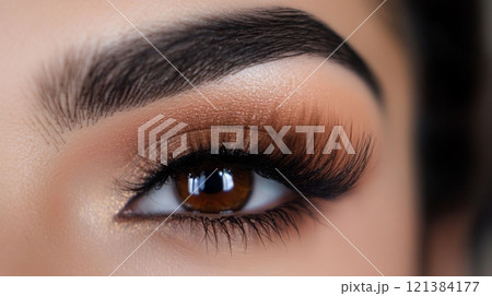 This close-up view highlights a woman's beautifully made-up eye with dramatic lashes and expertly blended eyeshadow, capturing the essence of elegance and artistry in cosmetic application. 121384177