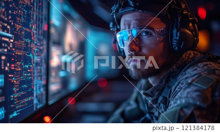 A focused military operative studies complex data on multiple screens, surrounded by glowing technology in a dimly lit control room at night. 121384178