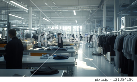 Inside a contemporary textile production facility, workers are busy sorting and preparing garments in a well-lit environment. The spacious layout features rows of clothing and spacious workstations. 121384180