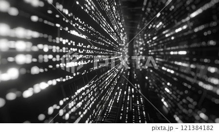 A black and white abstract image of a tunnel with glowing binary code lines receding into the distance. 121384182