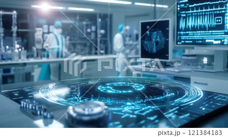 A sophisticated holographic interface projects data above a sleek workbench in a contemporary lab. Researchers in protective gear analyze complex information while using high-tech equipment nearby. 121384183