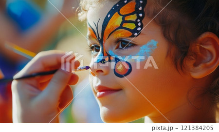 A young girl has her face painted with a colorful butterfly design at a vibrant outdoor festival. 121384205