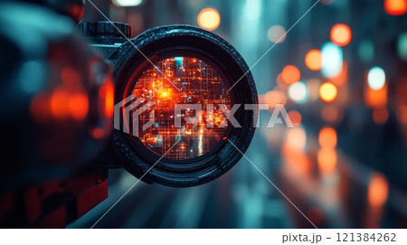 The close-up of a camera lens highlights colorful reflections of city lights amidst a rainy atmosphere, creating a captivating urban vibe after dark. 121384262